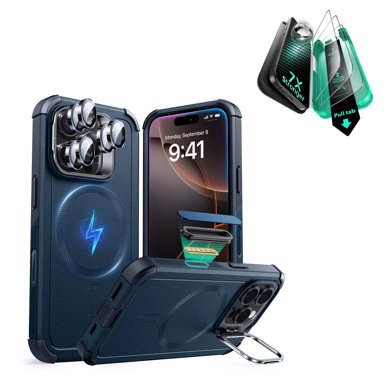 iPhone 16 Pro Max Cyber Tough Magnetic Case Protection Bundle (Camera Control, Stash Stand) - Navy Blue