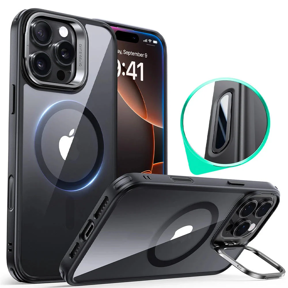 iPhone 16 Pro Max Classic Hybrid Magnetic Case (Camera Control, Stash Stand) - Clear Black