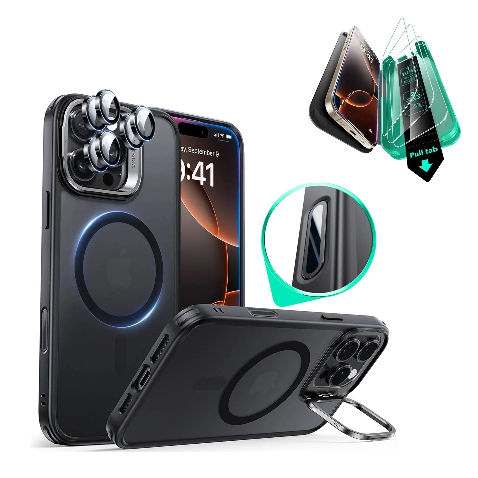 iPhone 16 Pro Max Classic Hybrid Magnetic Case Protection Bundle (Camera Control, Stash Stand) - Frosted Black
