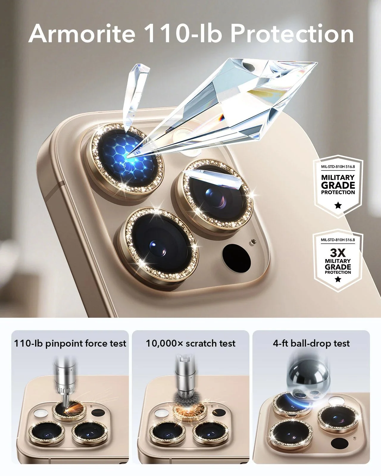 iPhone 16 Pro Max/Pro Armorite Camera Lens Protectors - Desert Titanium Shimmer - Image 4
