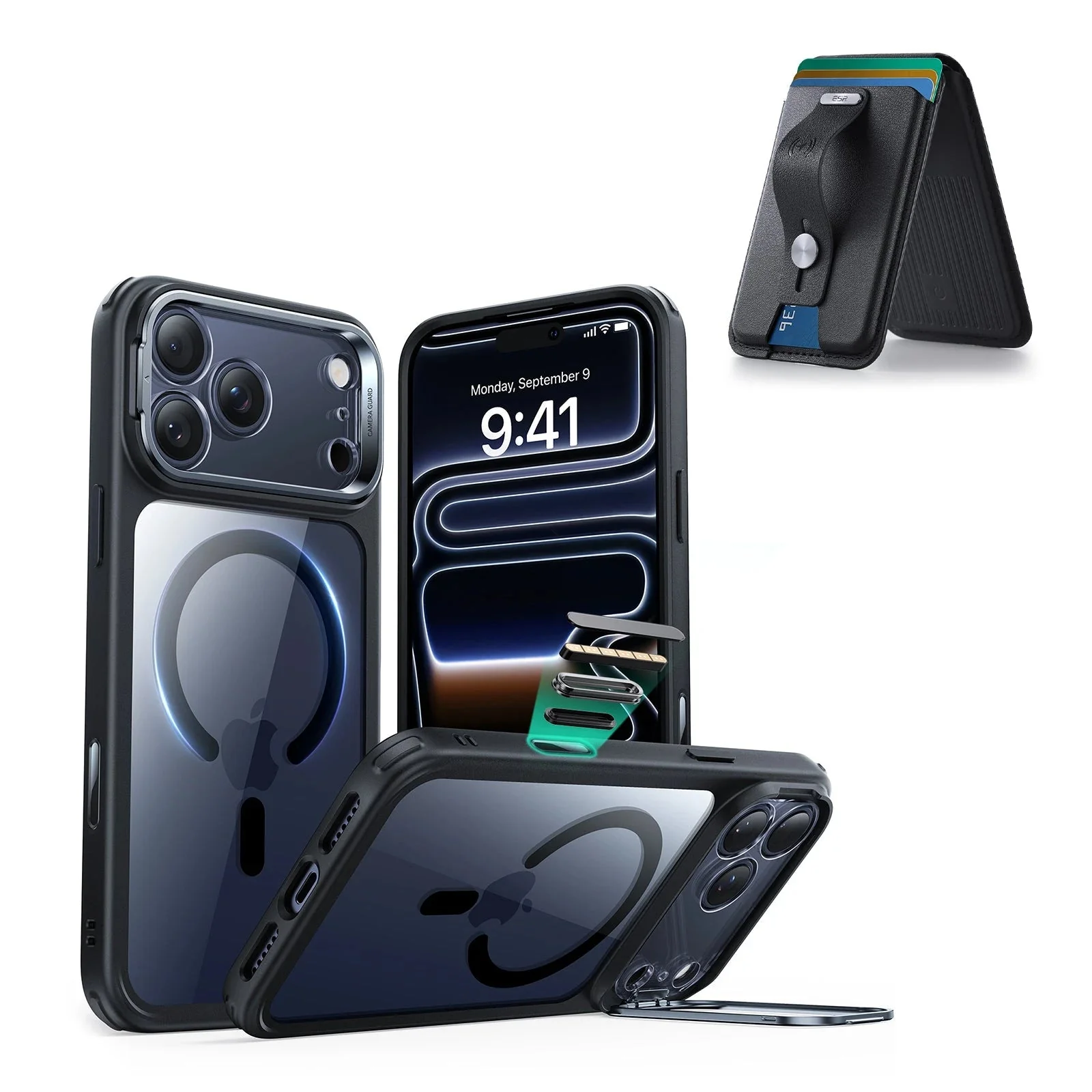 iPhone 17 Pro Max Classic Hybrid Magnetic Case (Camera Control, Stash Stand) with Wallet Stand Bundle - Clear Black