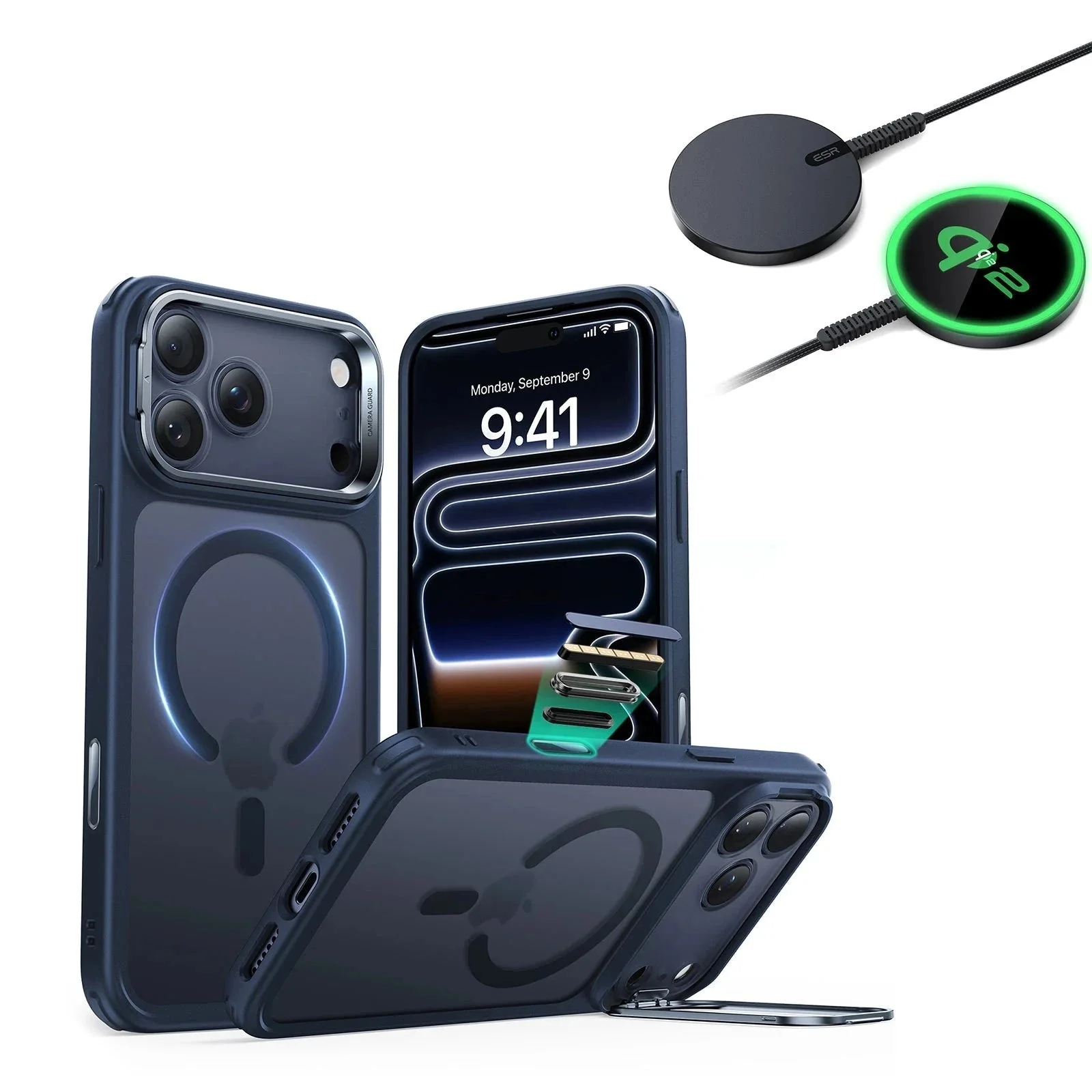 iPhone 17 Pro Max Bundle Classic Hybrid Magnetic Case (Camera Control, Stash Stand) and Magnetic Charging Pad (Qi2) - Frosted Blue