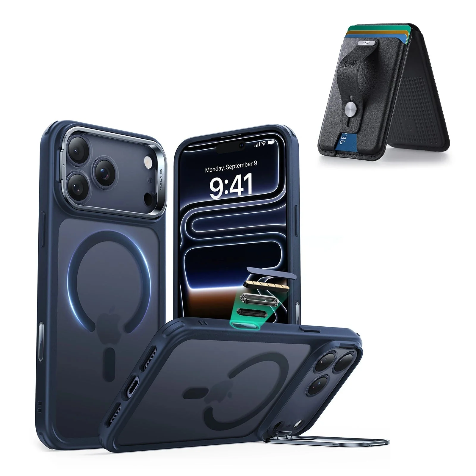 iPhone 17 Pro Max Classic Hybrid Magnetic Case (Camera Control, Stash Stand) with Wallet Stand Bundle - Frosted Blue