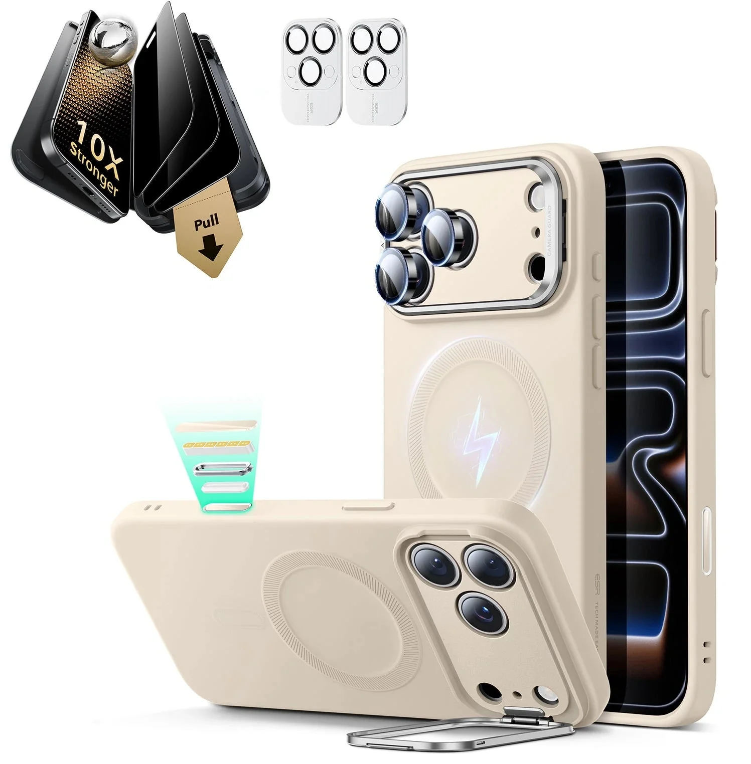 iPhone 17 Pro Max Bundle Cloud Soft Magnetic Case (Stash Stand) and Armorite Pro Privacy Screen Protector - Light Tan