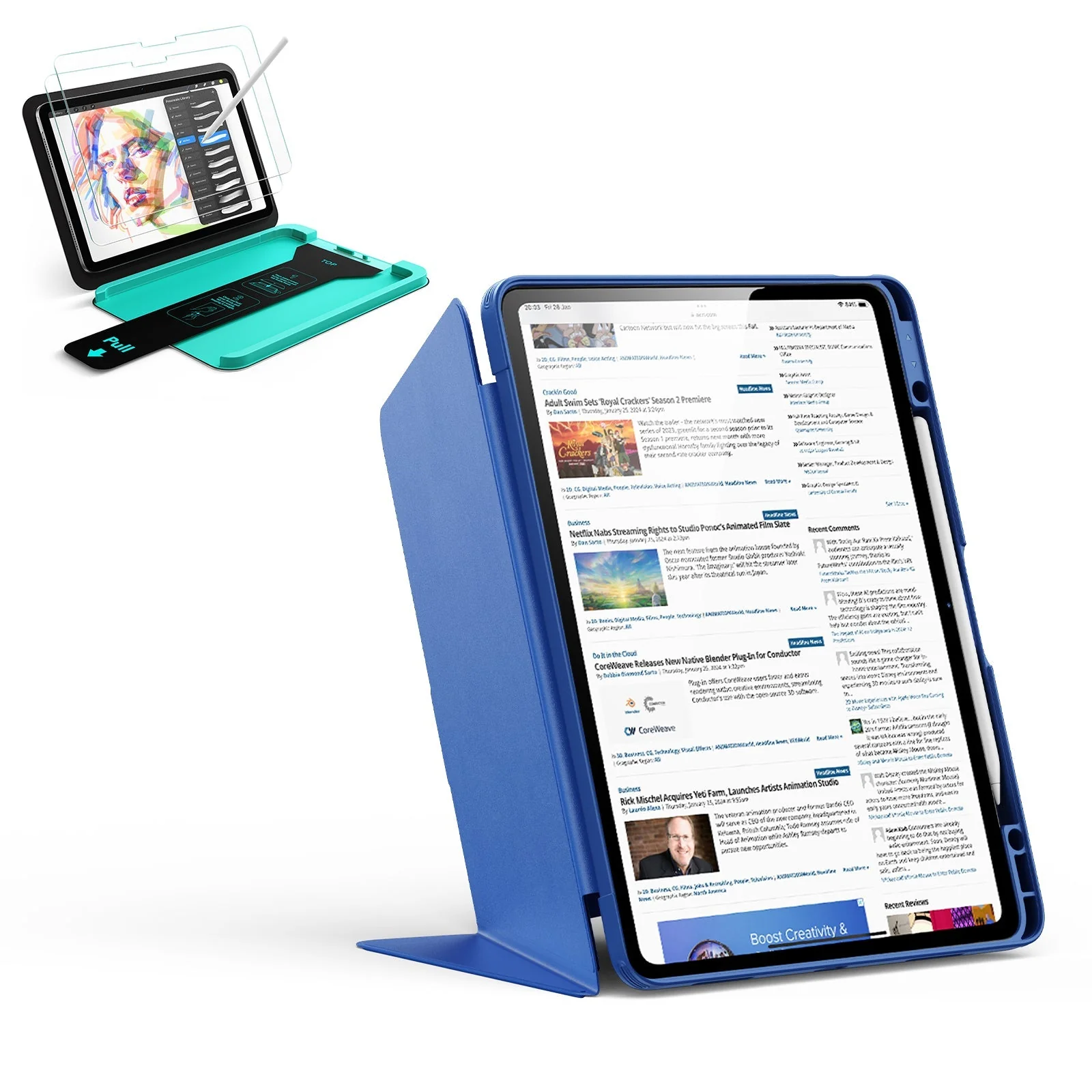 iPad Air 13" (M3) 2025 Bundle Flip Magnetic Case with Pencil Holder & Armorite® Paper-Feel Protection - Navy Blue