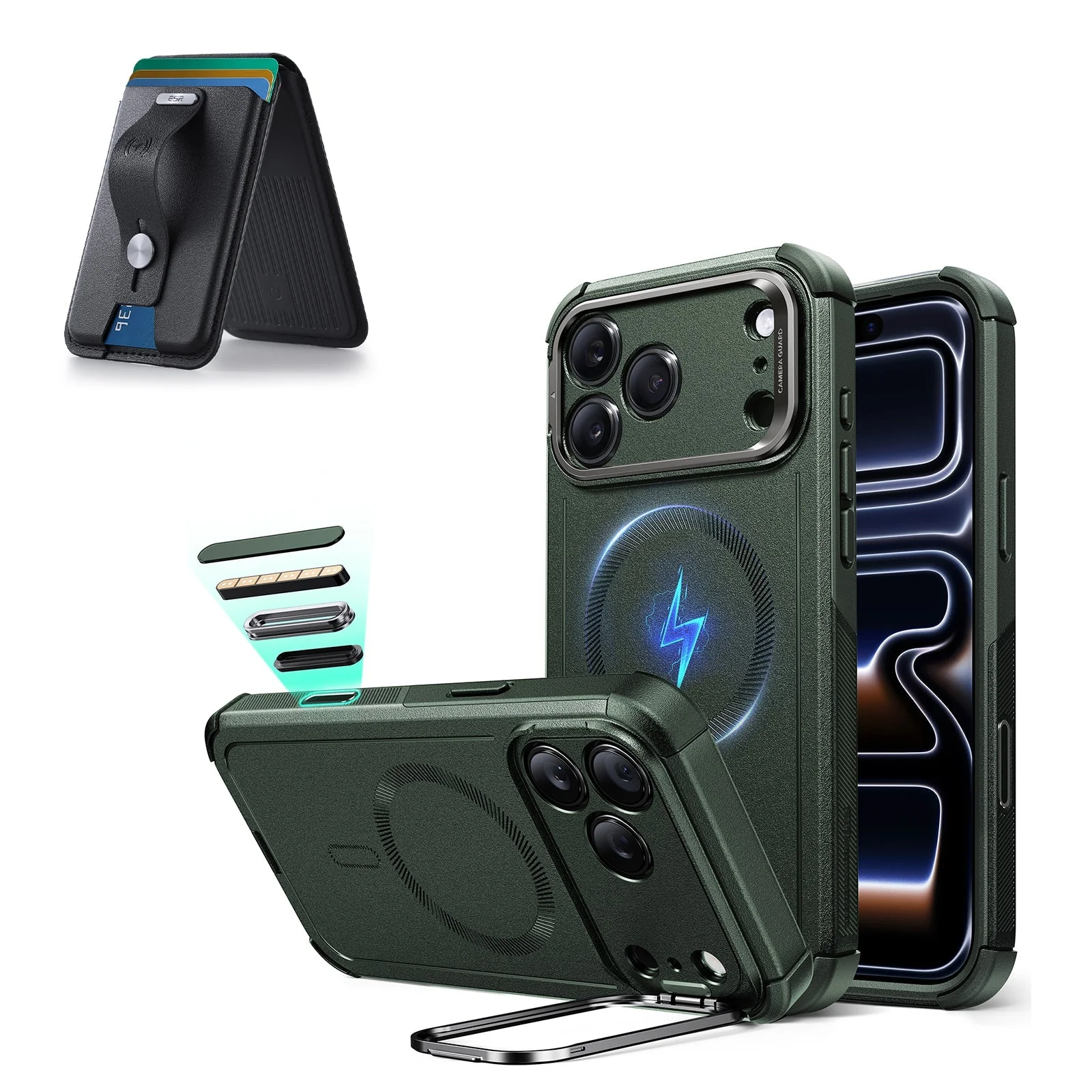 iPhone 17 Pro Max Cyber Tough Magnetic Case (Camera Control, Stash Stand) with Wallet Stand Bundle - Olive Green