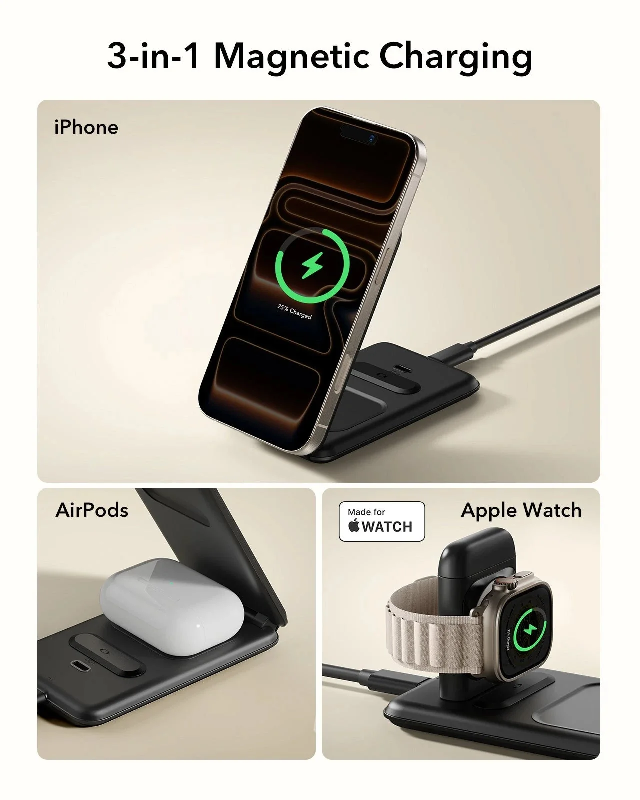 15W 3-in-1 Travel Wireless Charging Set (Bag Included) - Black - EU Plug - Image 8