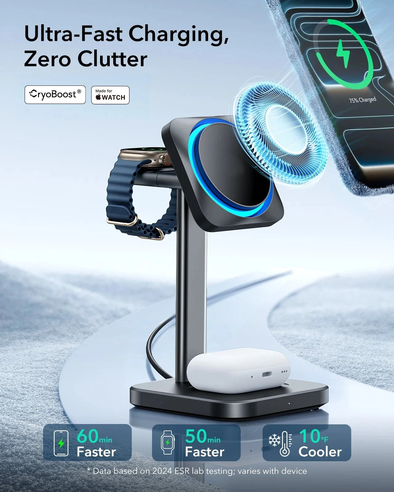 15W 3-in-1 Wireless Charging Station with CryoBoost (HaloLock) - Black - US Plug - Image 3