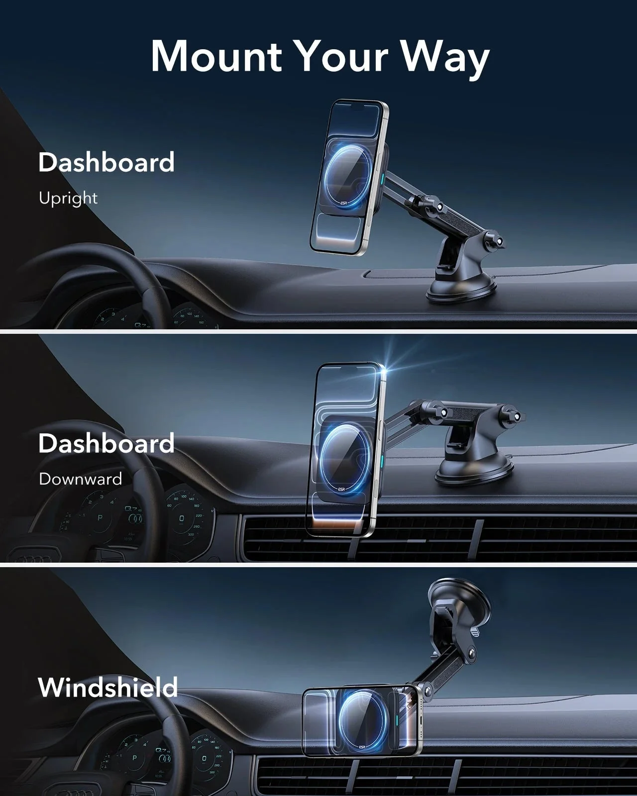 15W Dashboard Wireless Car Charger (HaloLock) - Black - Image 4