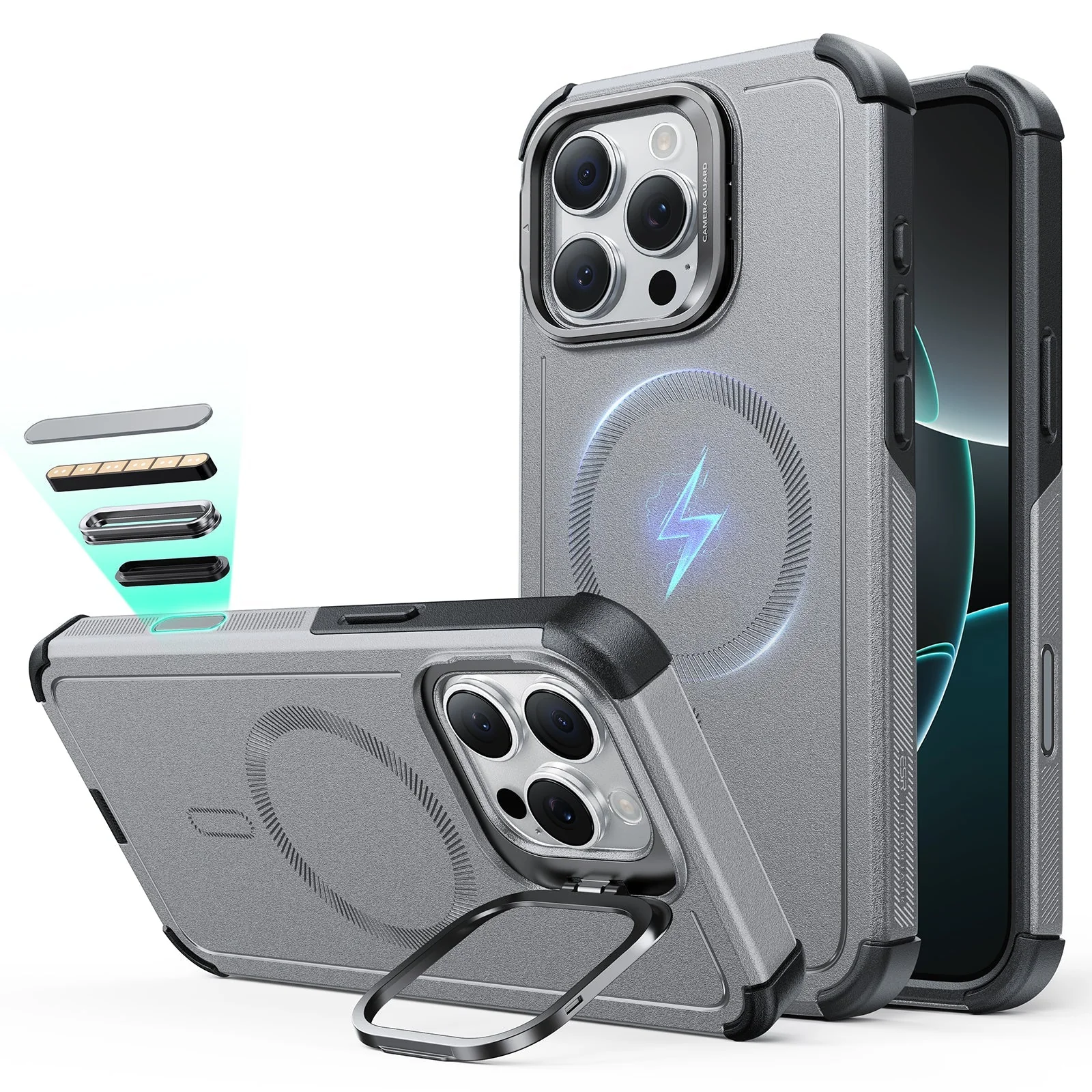 iPhone 16 Pro Max Cyber Tough Magnetic Case (Camera Control, Stash Stand) - Titanium